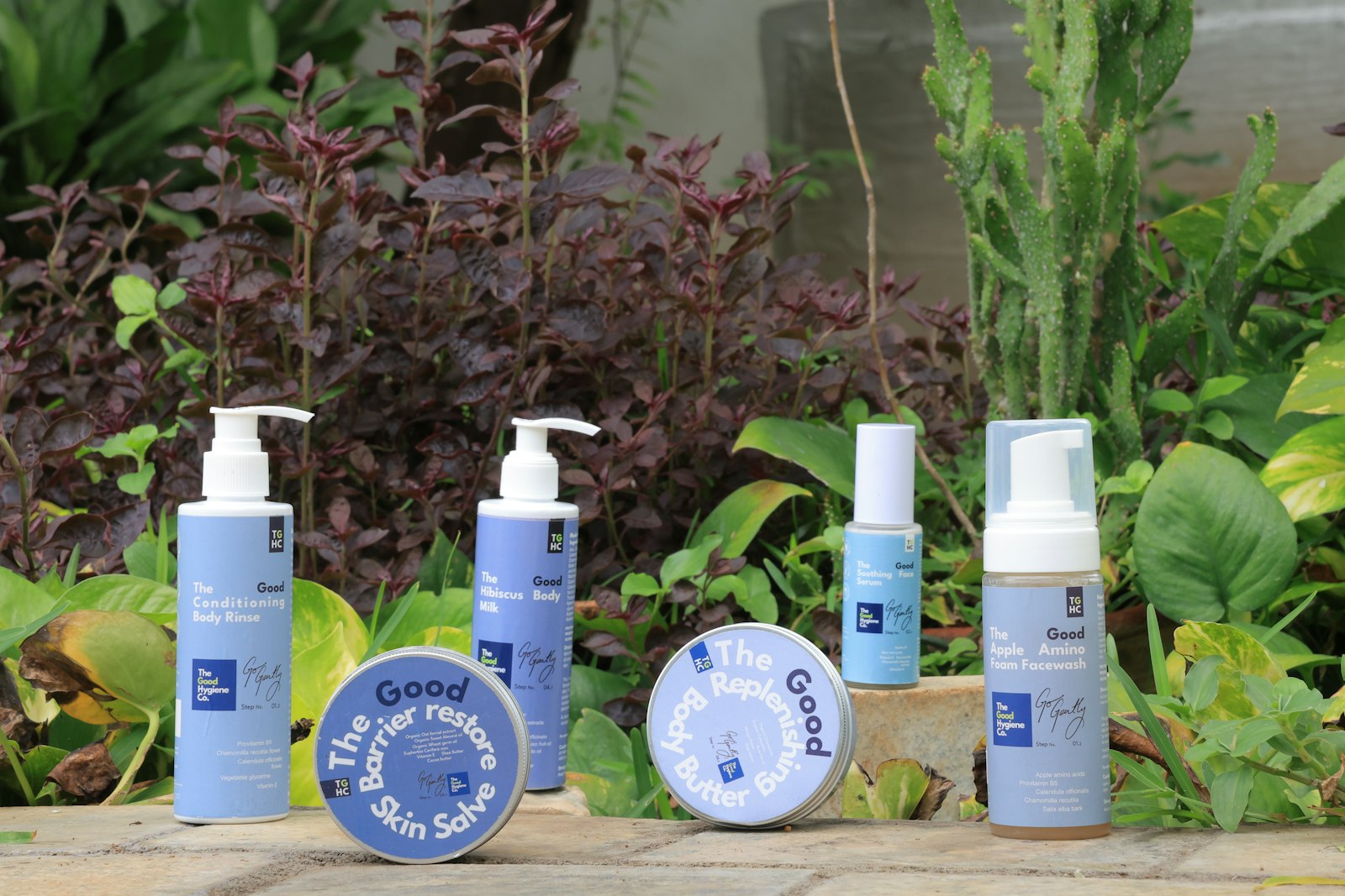 Produits de soin pour la peau posés au milieu de plantes vertes